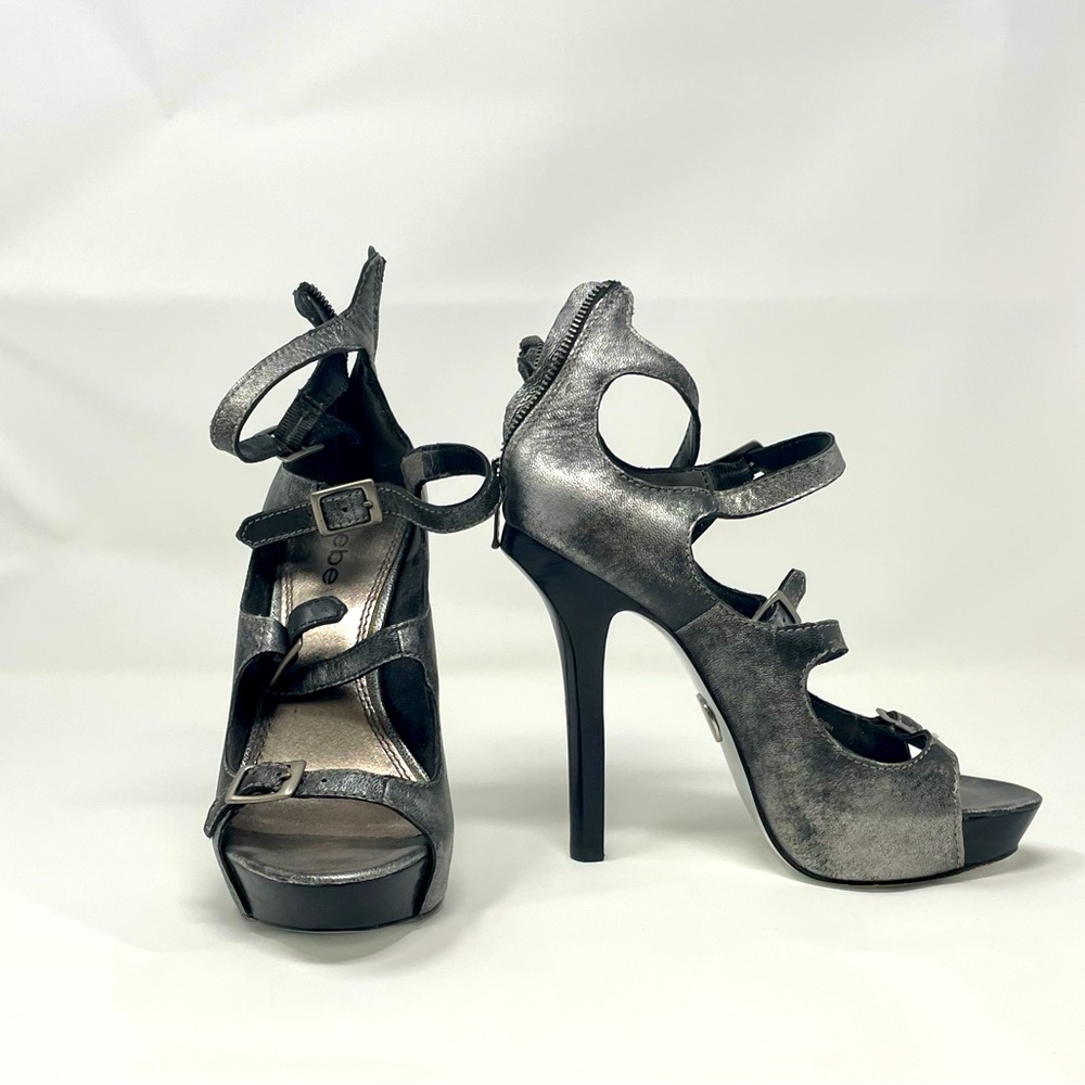 Bebe Stilettos 5” heel Silver Metallic